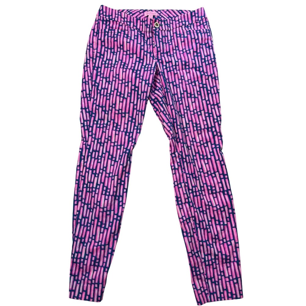 Lilly Pulitzer Kelly Skinny Ankle Pants Pink Navy Blue Geometric Print Size 2